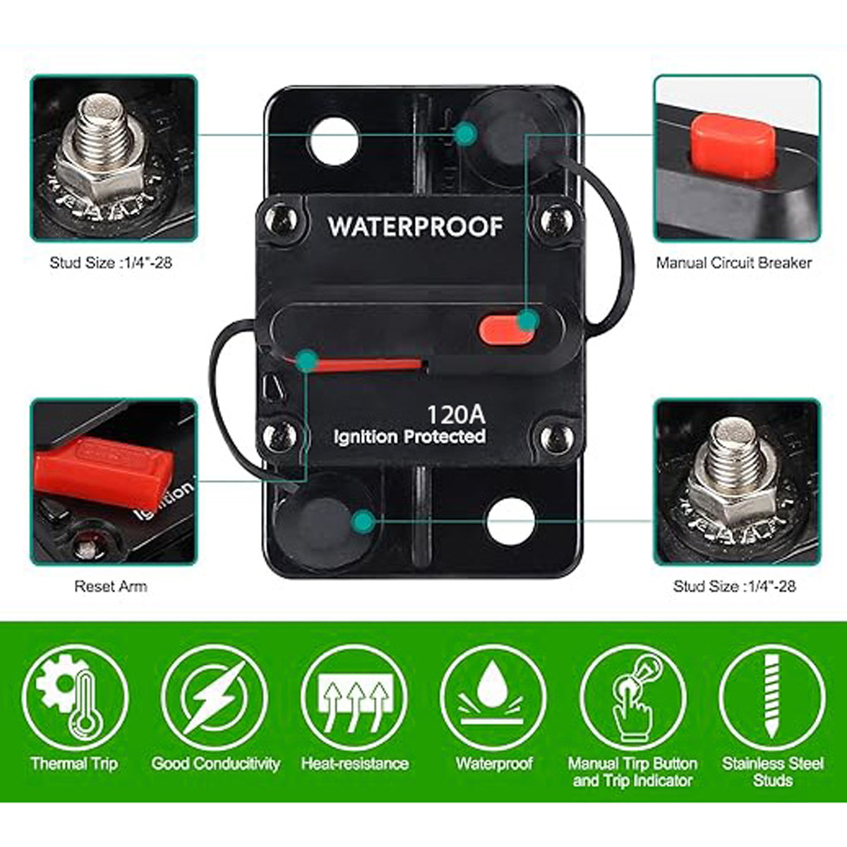 A black 120 Amp waterproof circuit breaker with a red switch, labeled 'Ignition Protected'.