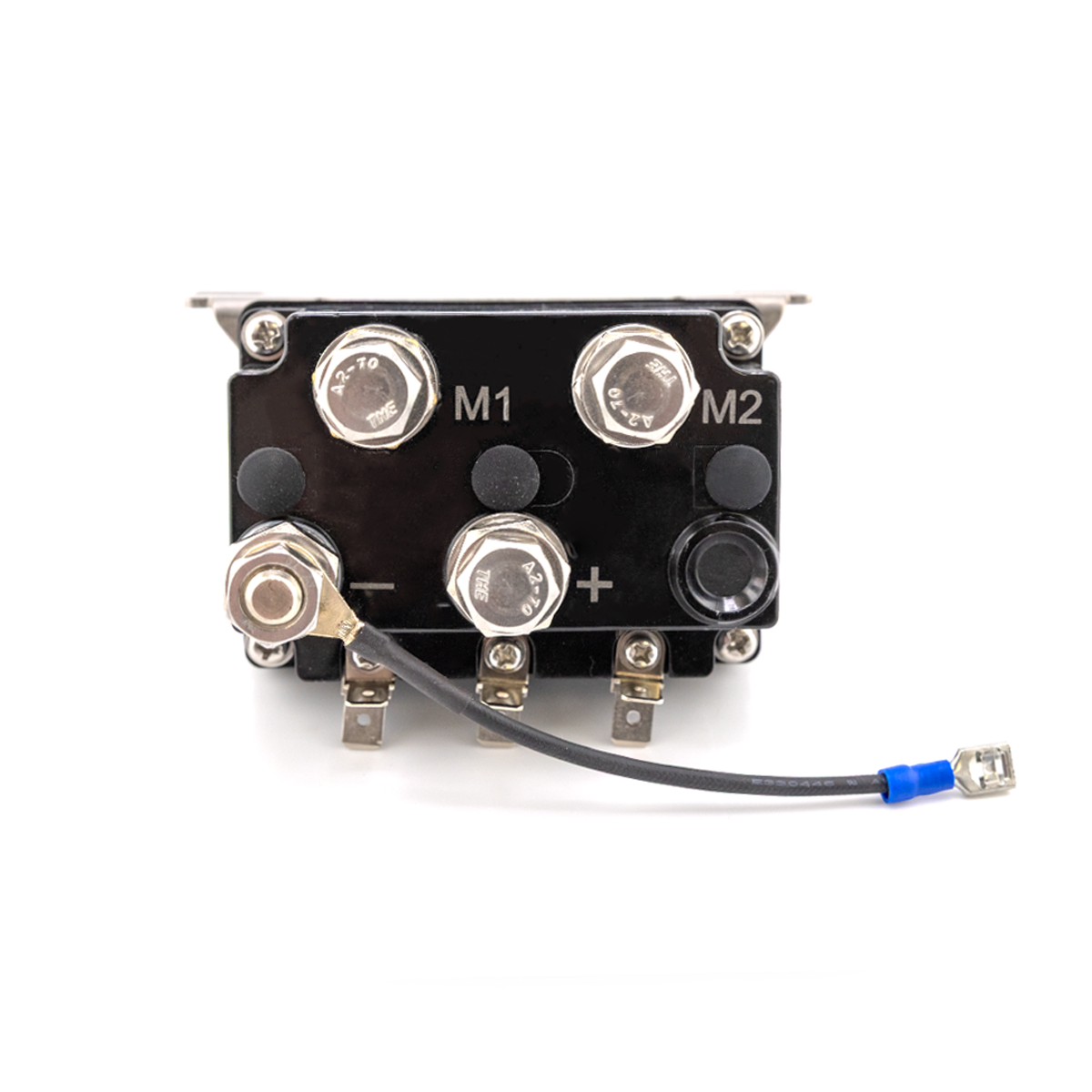 A black 50 Amp 12-volt solenoid for anchor winches, with visible terminal connections and a label indicating battery power input.