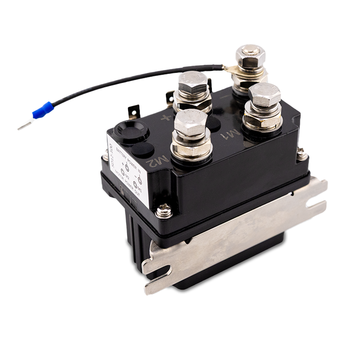 A black 50 Amp 12-volt solenoid for anchor winches, with visible terminal connections and a label indicating battery power input.