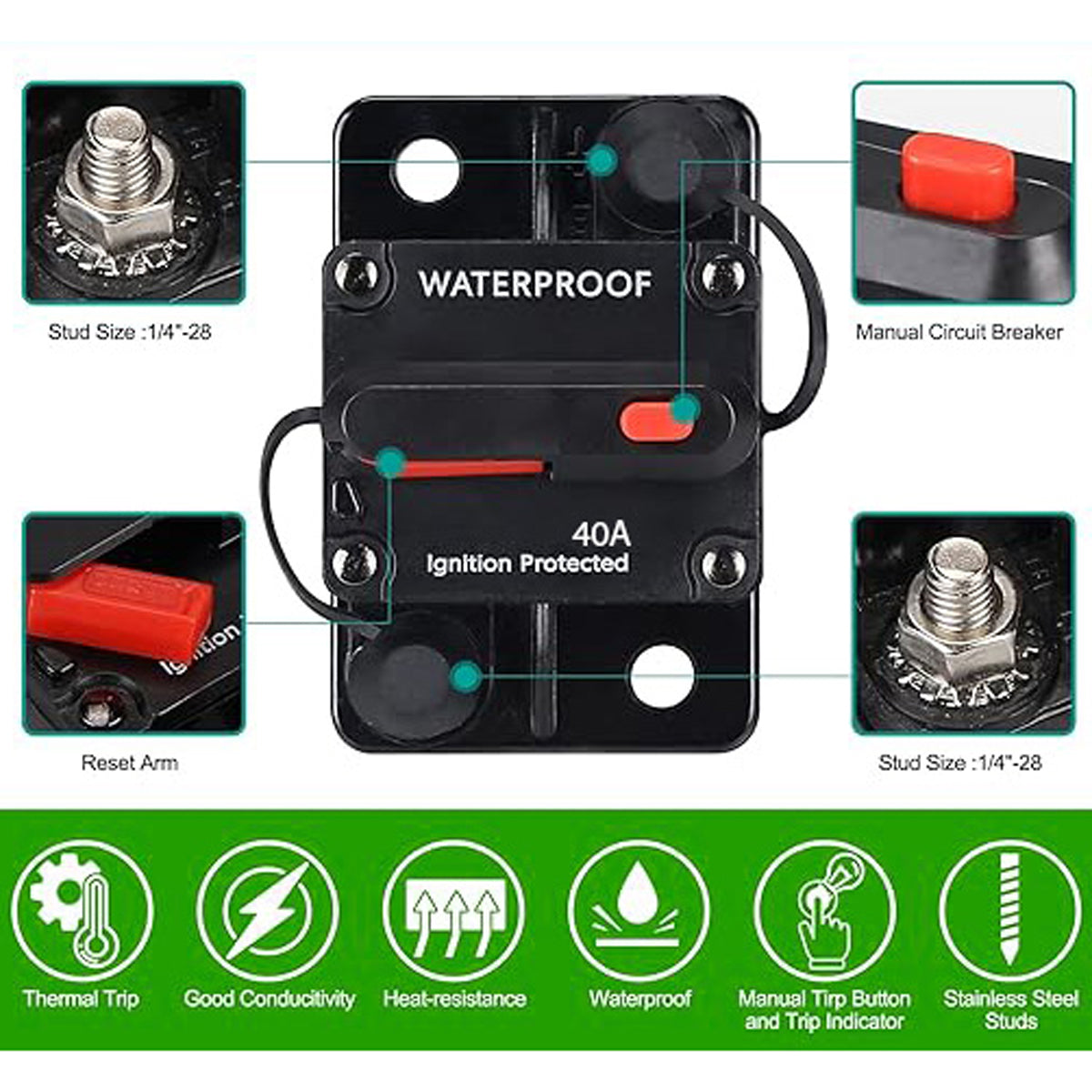 A black 40 Amp waterproof circuit breaker with a red switch, labeled 'Ignition Protected'.