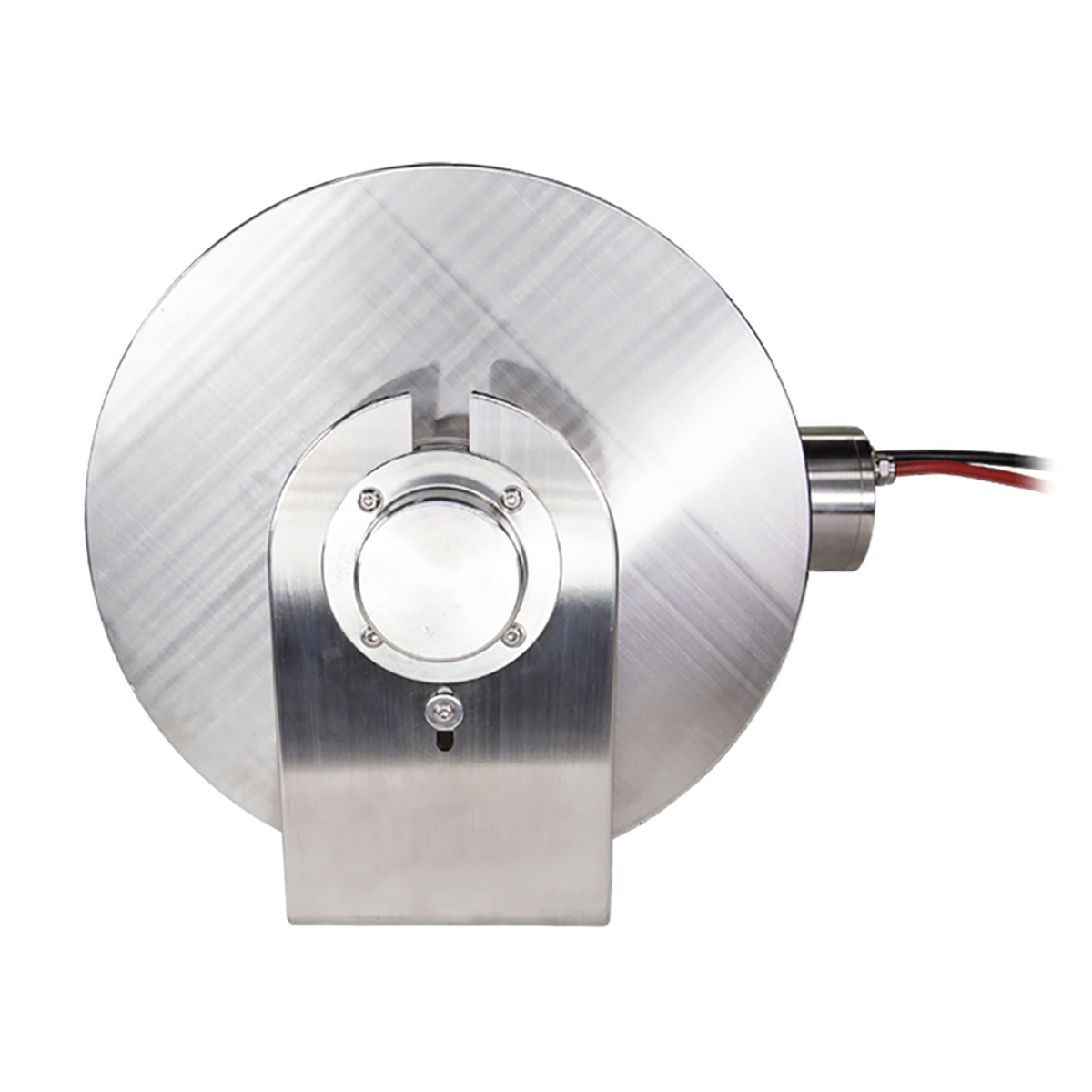 A stainless steel anchor winch with a motor and drum designed for use with small recreational boats or commercial vessels.