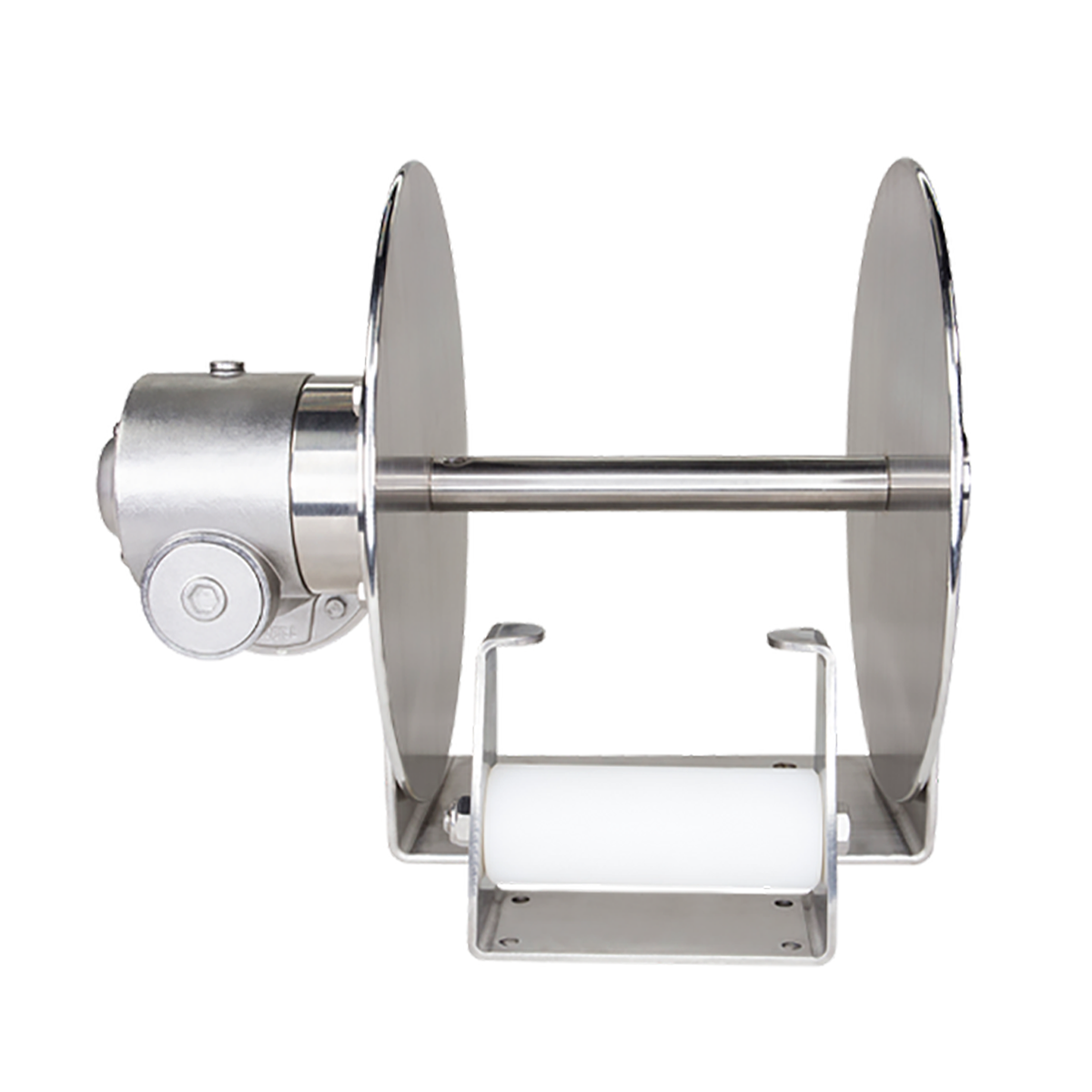 Stainless steel drum anchor winch with a 12v motor, designed for use with small to medium-sized boats.