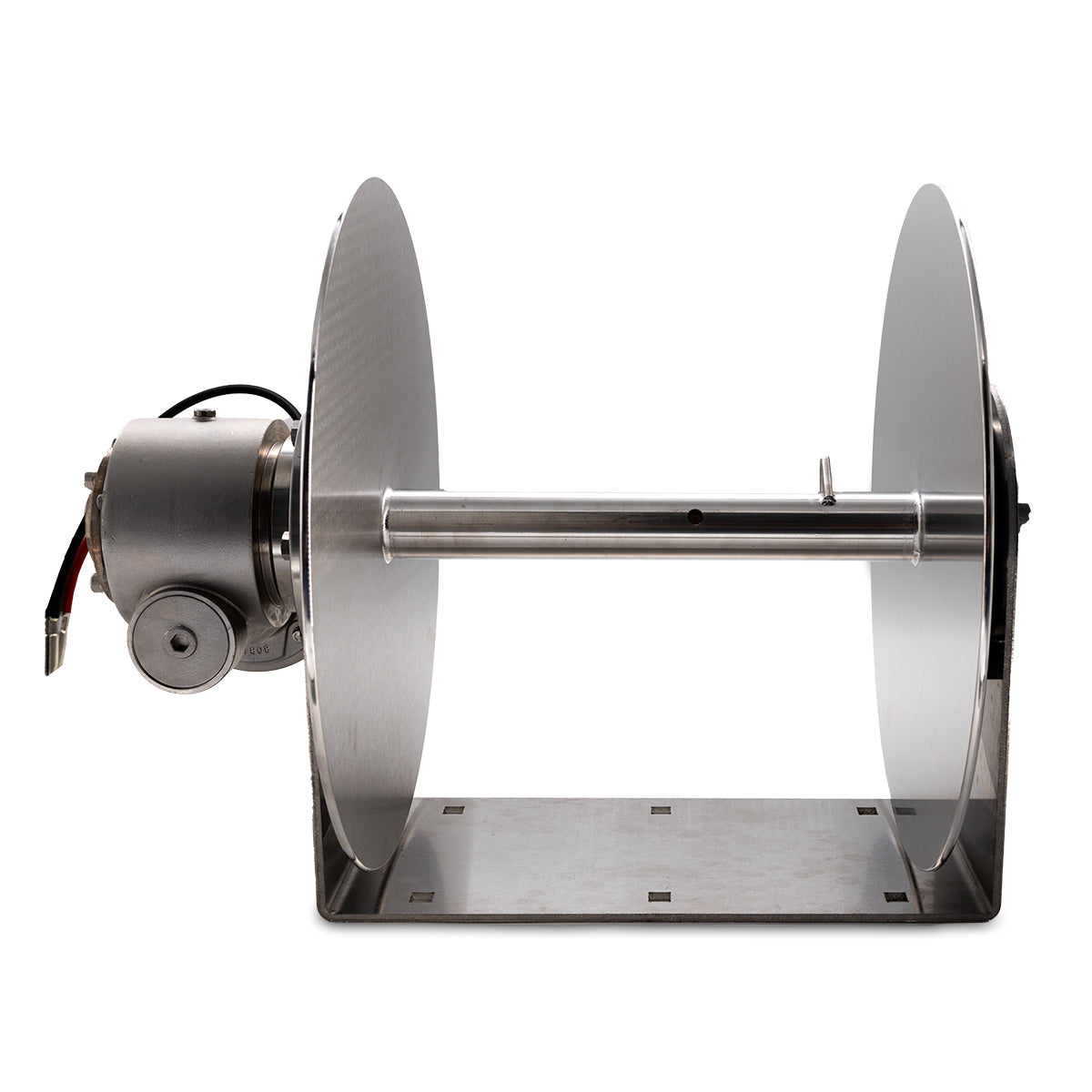 A stainless steel anchor winch with a motor and drum designed for use with small recreational boats or commercial vessels.