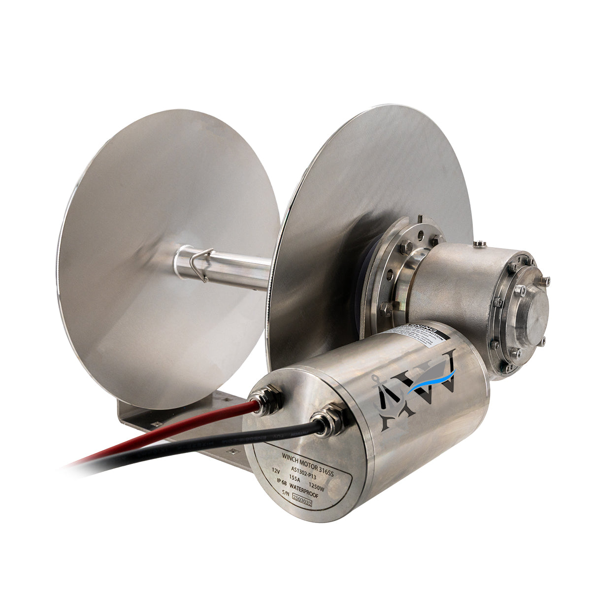 A stainless steel anchor winch with a motor and drum designed for use with small recreational boats or commercial vessels.