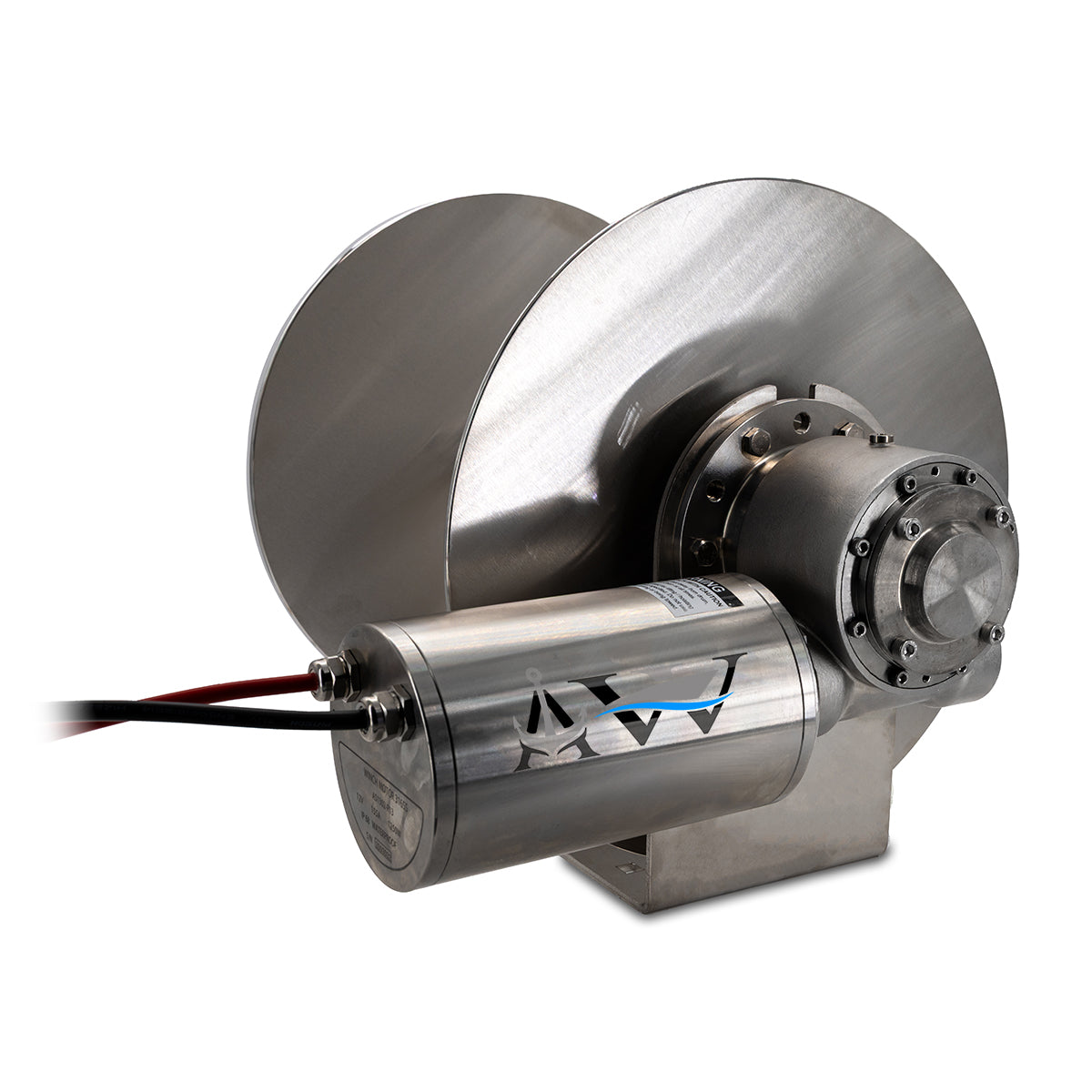 A stainless steel anchor winch with a motor and drum designed for use with small recreational boats or commercial vessels.