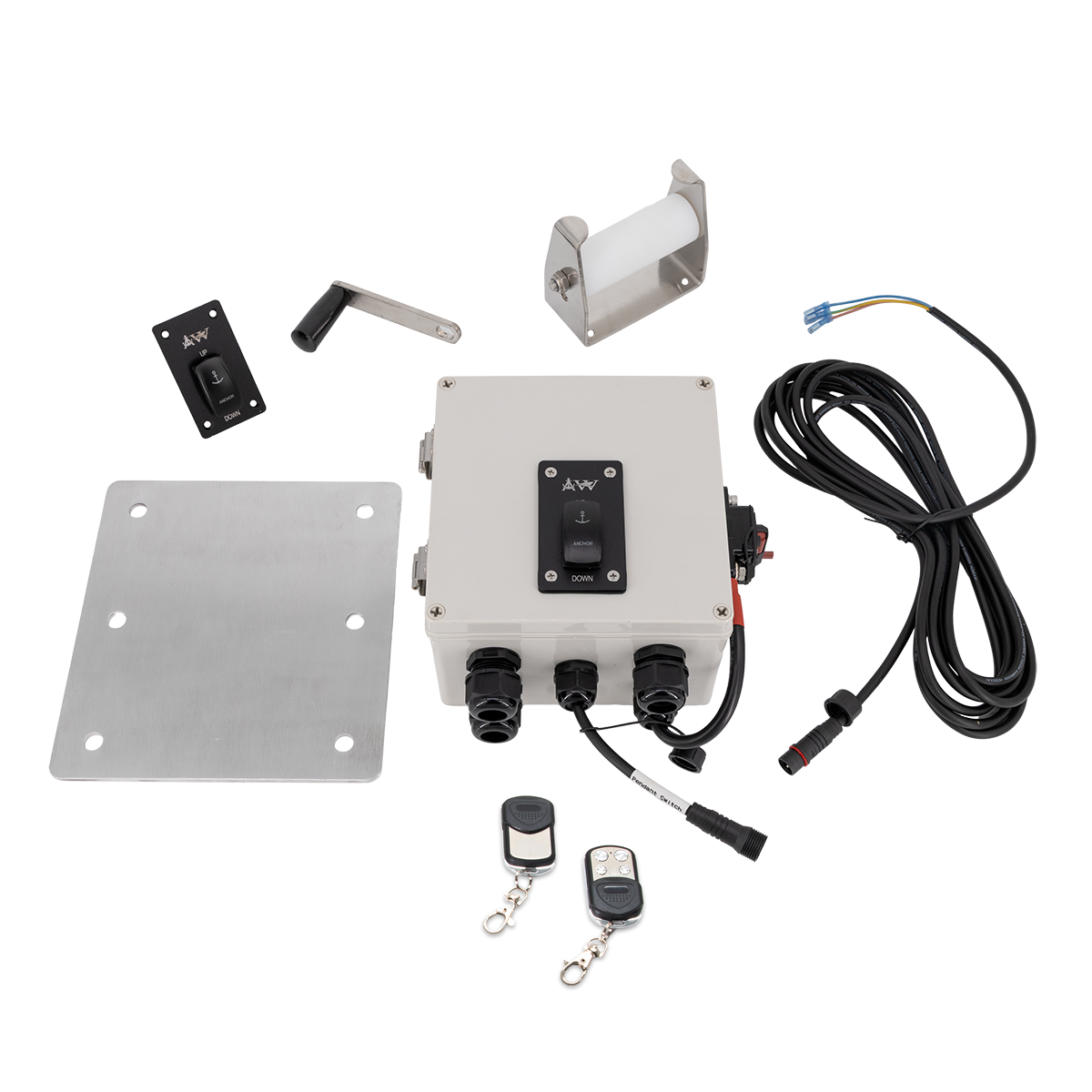 Electrical control panel with wiring, switches, and remote controls on a white background