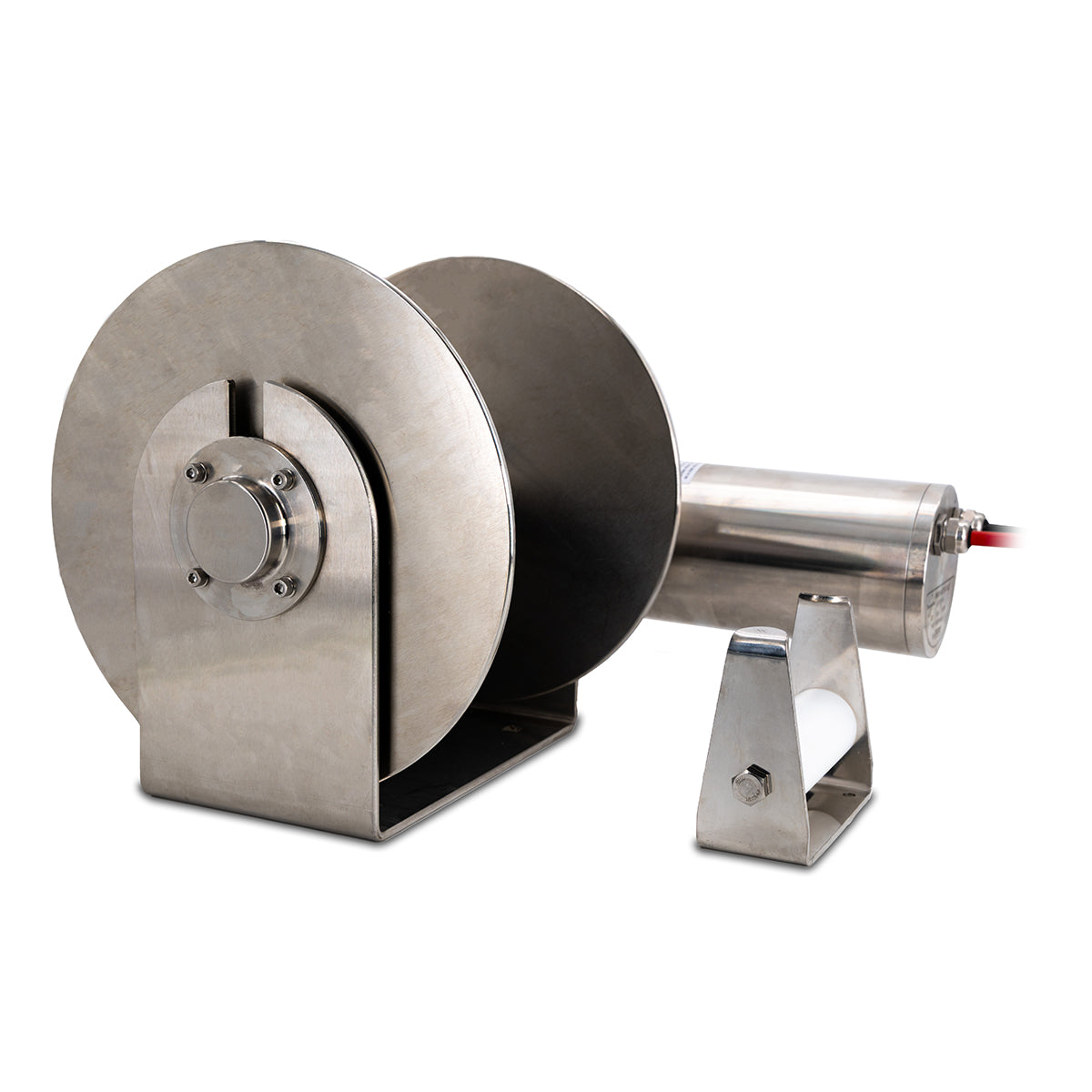 Stainless steel drum anchor winch with a 12v motor, designed for use with small to medium-sized boats.