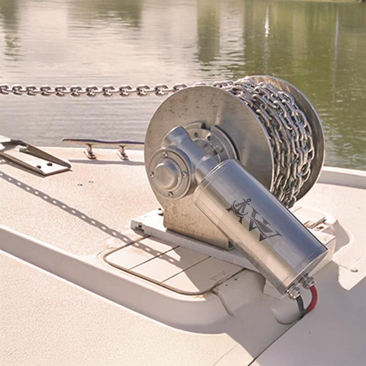 Marine winch on a boat with water in the background