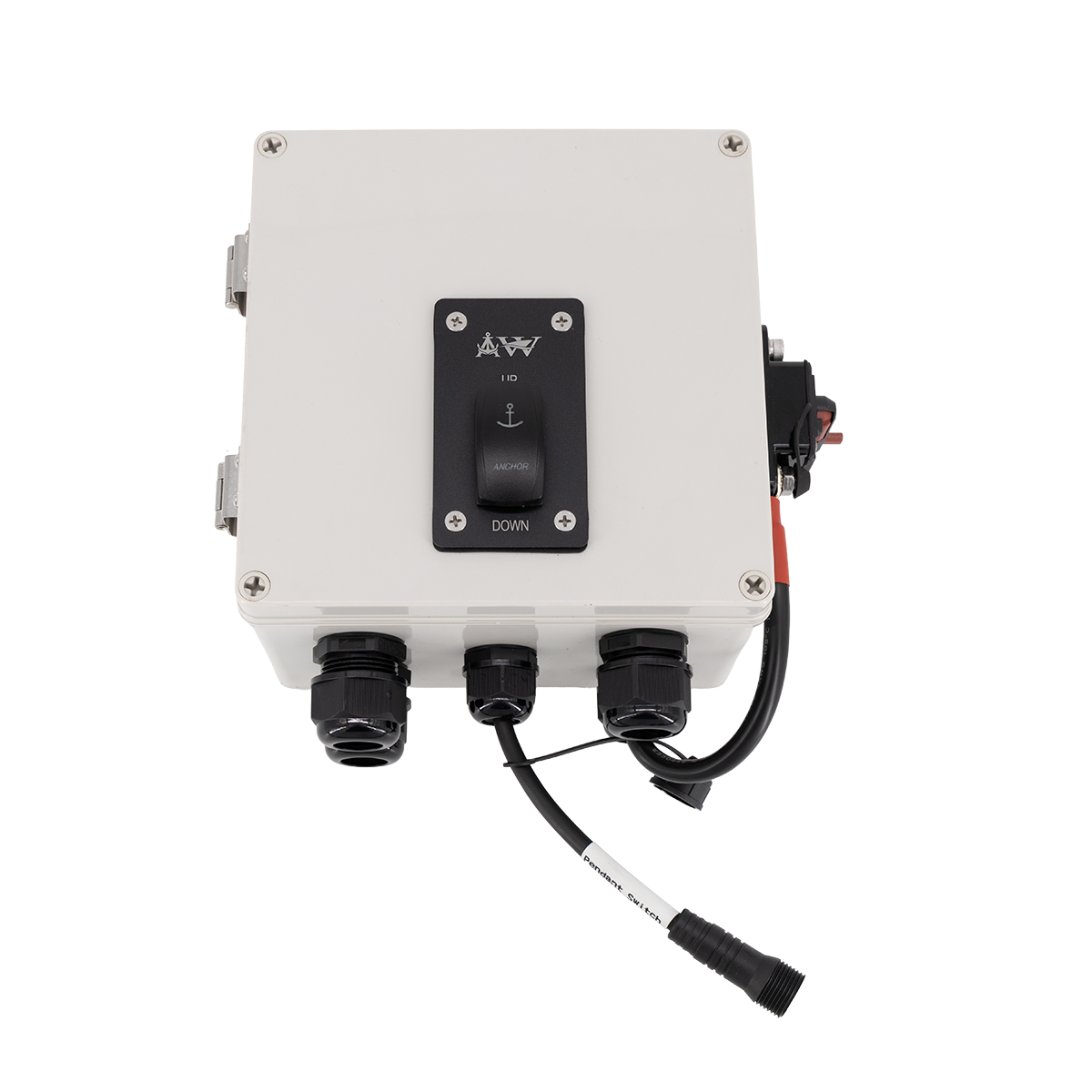 White control box with black switch and wiring on a white background