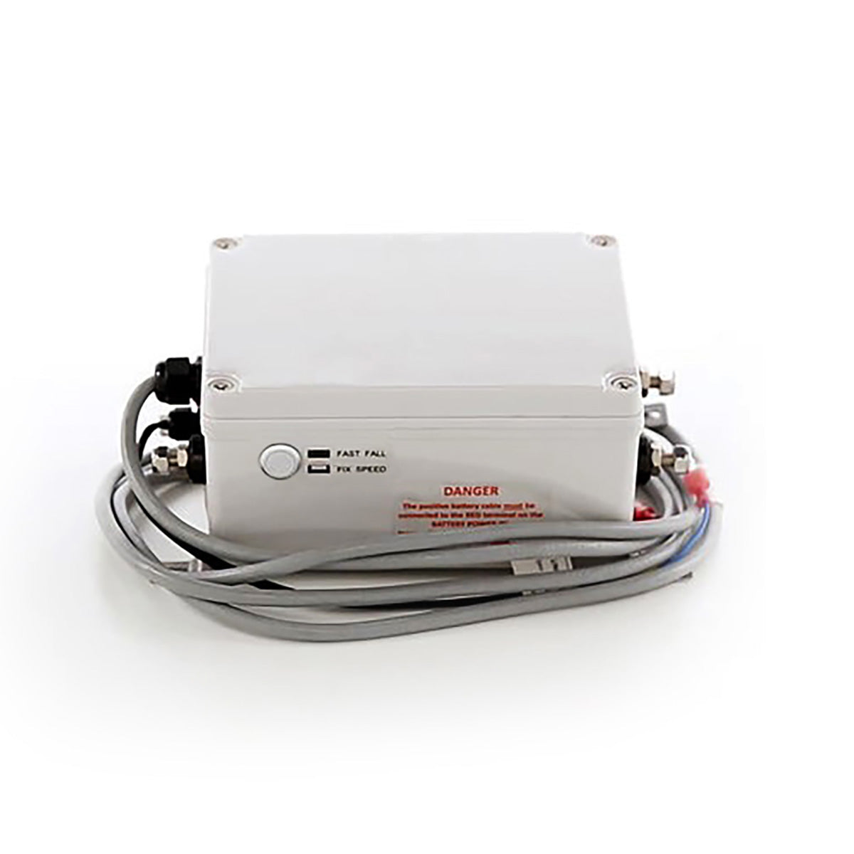 White electronic fast fall receiver device with cables on a white background