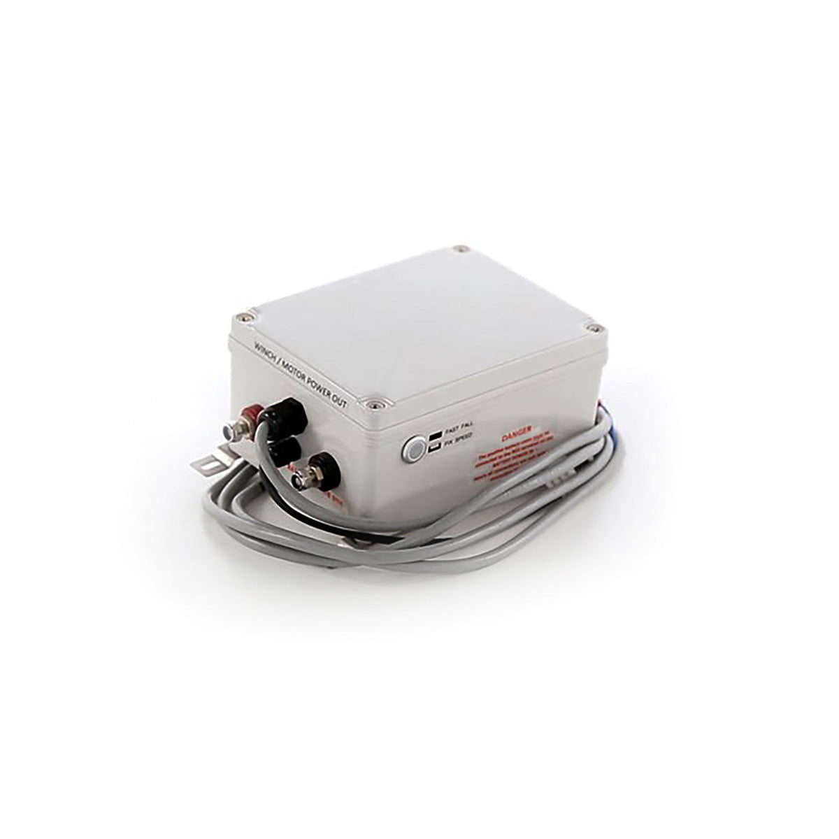 White electronic fast fall receiver device with cables on a white background