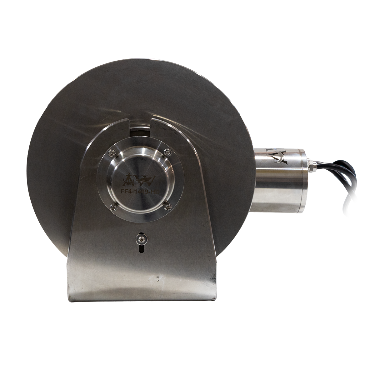 Metallic cylindrical device with a brand logo on a white background