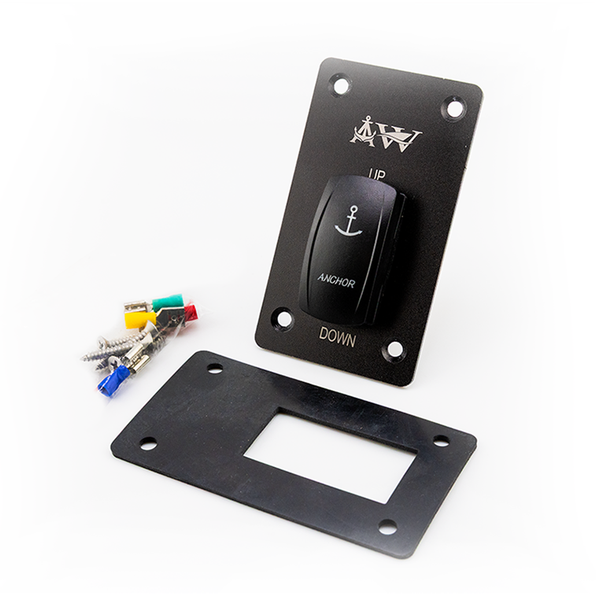 A black momentary up/down rocker switch with a white logo and anchor symbol, labeled 'UP' and 'DOWN'.