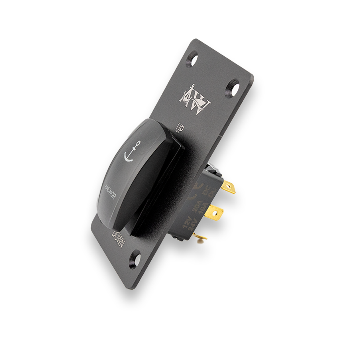 A black momentary up/down rocker switch with a white logo and anchor symbol, labeled 'UP' and 'DOWN'.