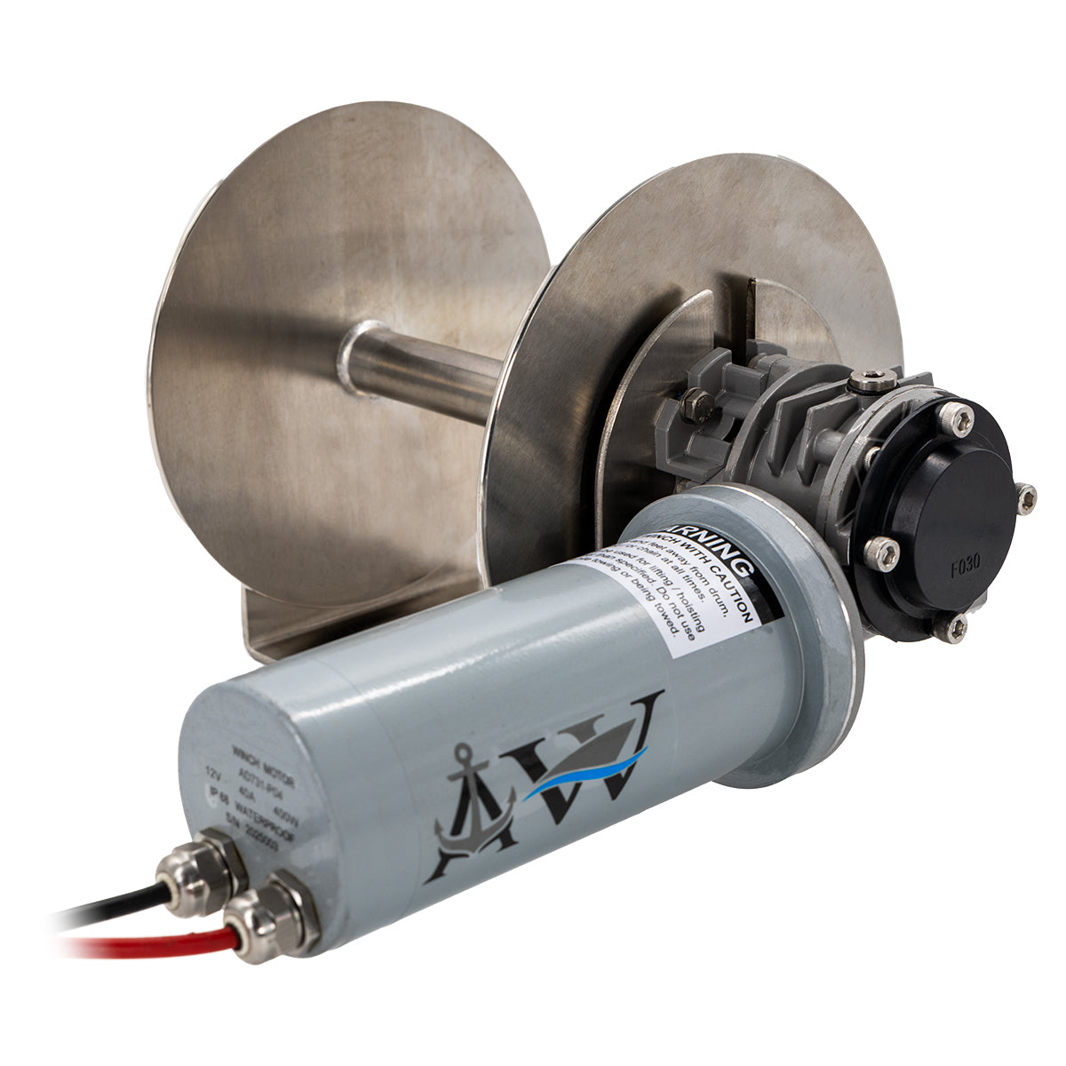 An anchor winch with a silver aluminum drum and a gray motor housing labeled 'SAILOR', featuring electrical wiring and a black handle.