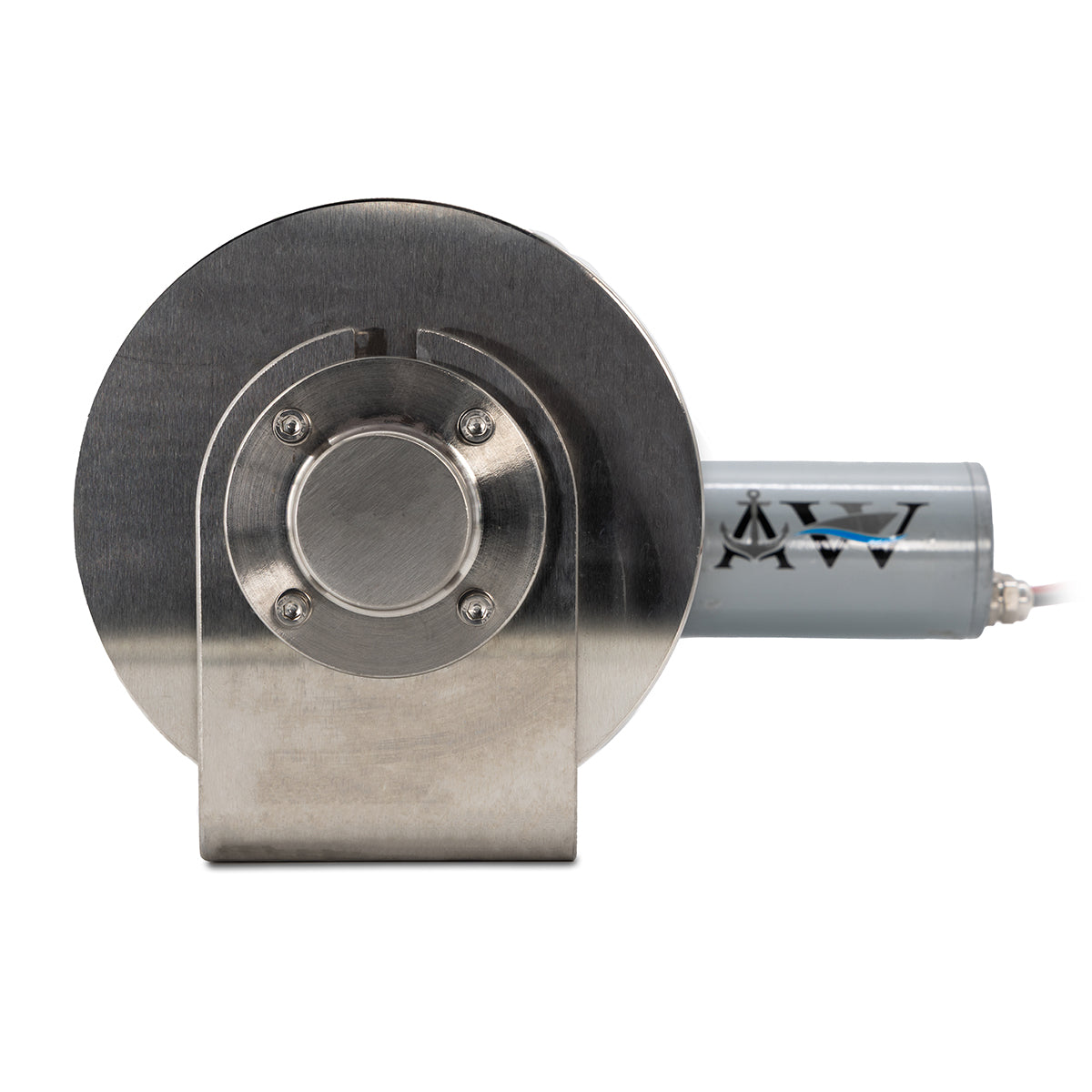 An anchor winch with a silver aluminum drum and a gray motor housing labeled 'SAILOR', featuring electrical wiring and a black handle.