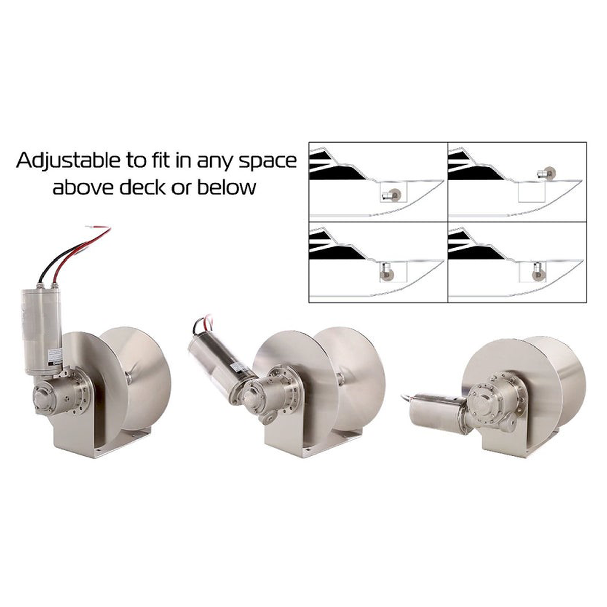 Stainless steel drum anchor winch with a 12v motor, designed for use with small to medium-sized boats.