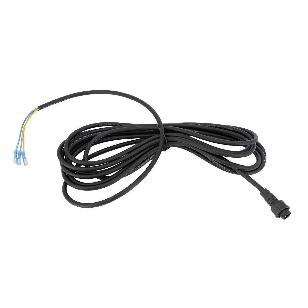 Coiled black cable with colored wires on a white background