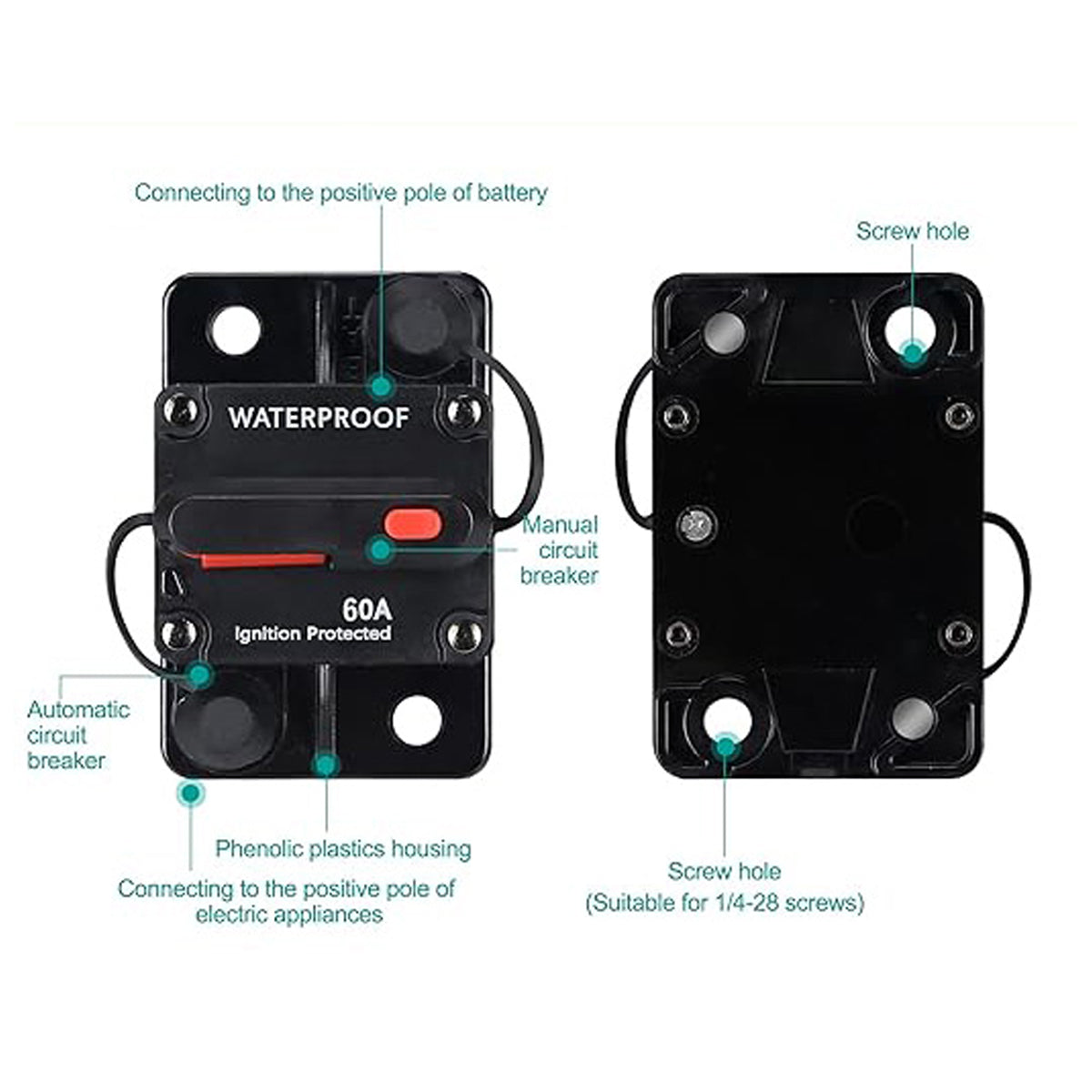 A black 40 Amp waterproof circuit breaker with a red switch, labeled 'Ignition Protected'.