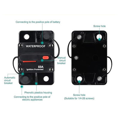 A black 60 Amp waterproof circuit breaker with a red switch, labeled 'Ignition Protected'.