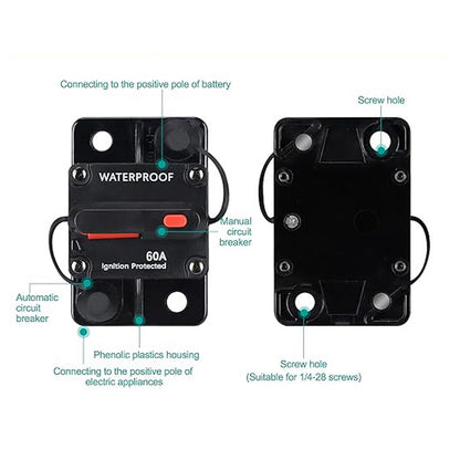 A black 60 Amp waterproof circuit breaker with a red switch, labeled 'Ignition Protected'.