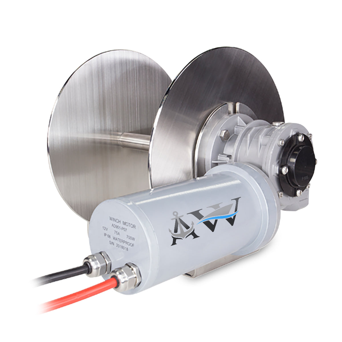 An anchor winch with a silver aluminum drum and a gray motor housing labeled 'SAILOR', featuring electrical wiring and a black handle.