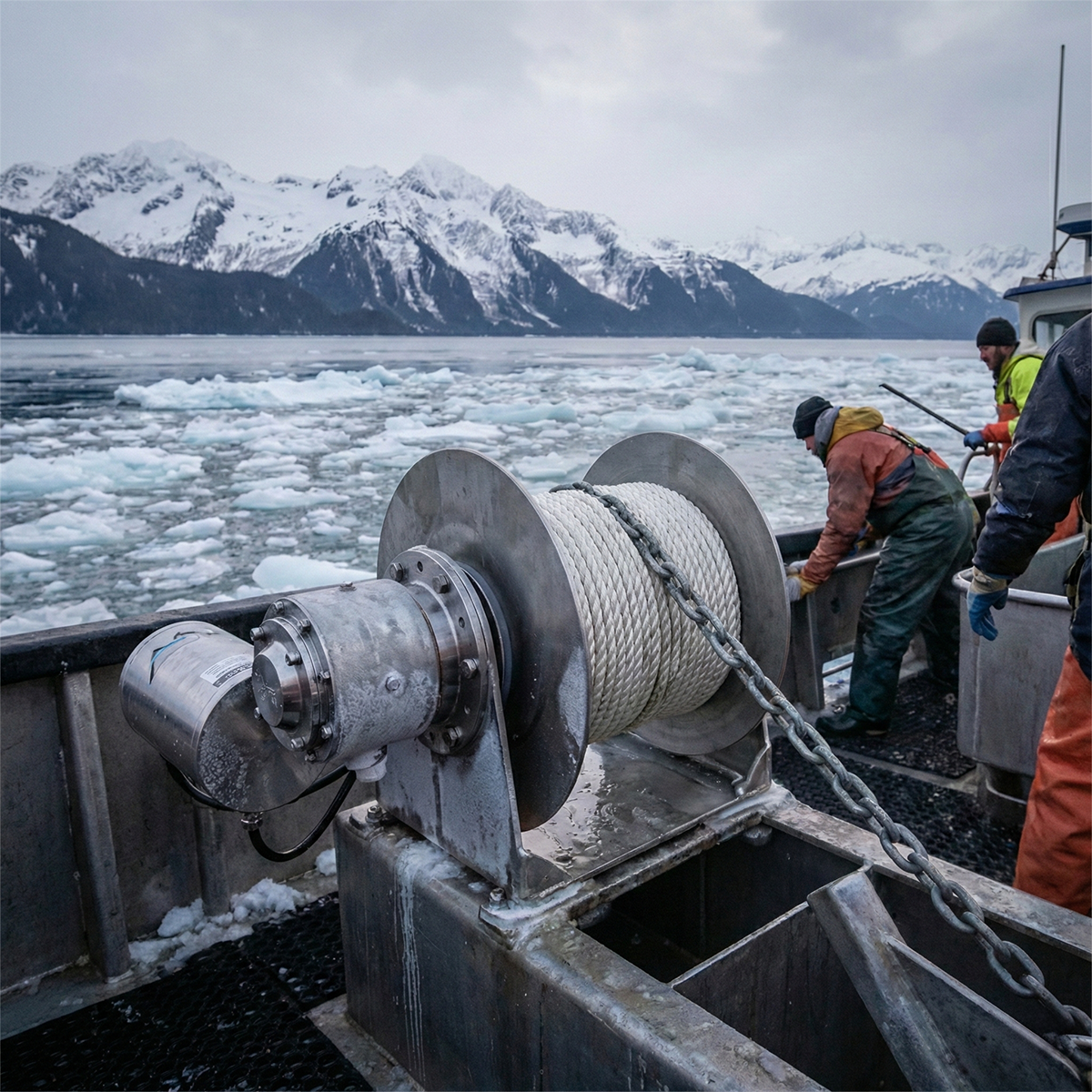 Workers on a boat with ice and mountains in the background
