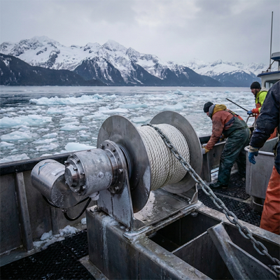 Workers on a boat with ice and mountains in the background