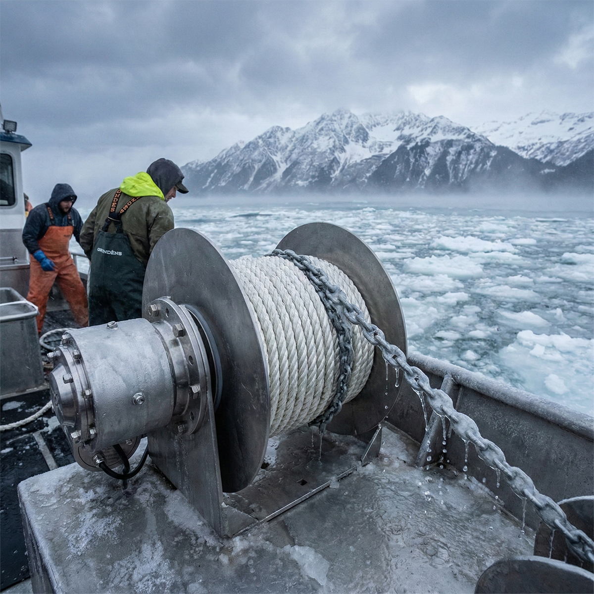 Two people on a boat with a large winch and rope, surrounded by icy water and mountains.