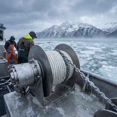 Two people on a boat with a large winch and rope, surrounded by icy water and mountains.