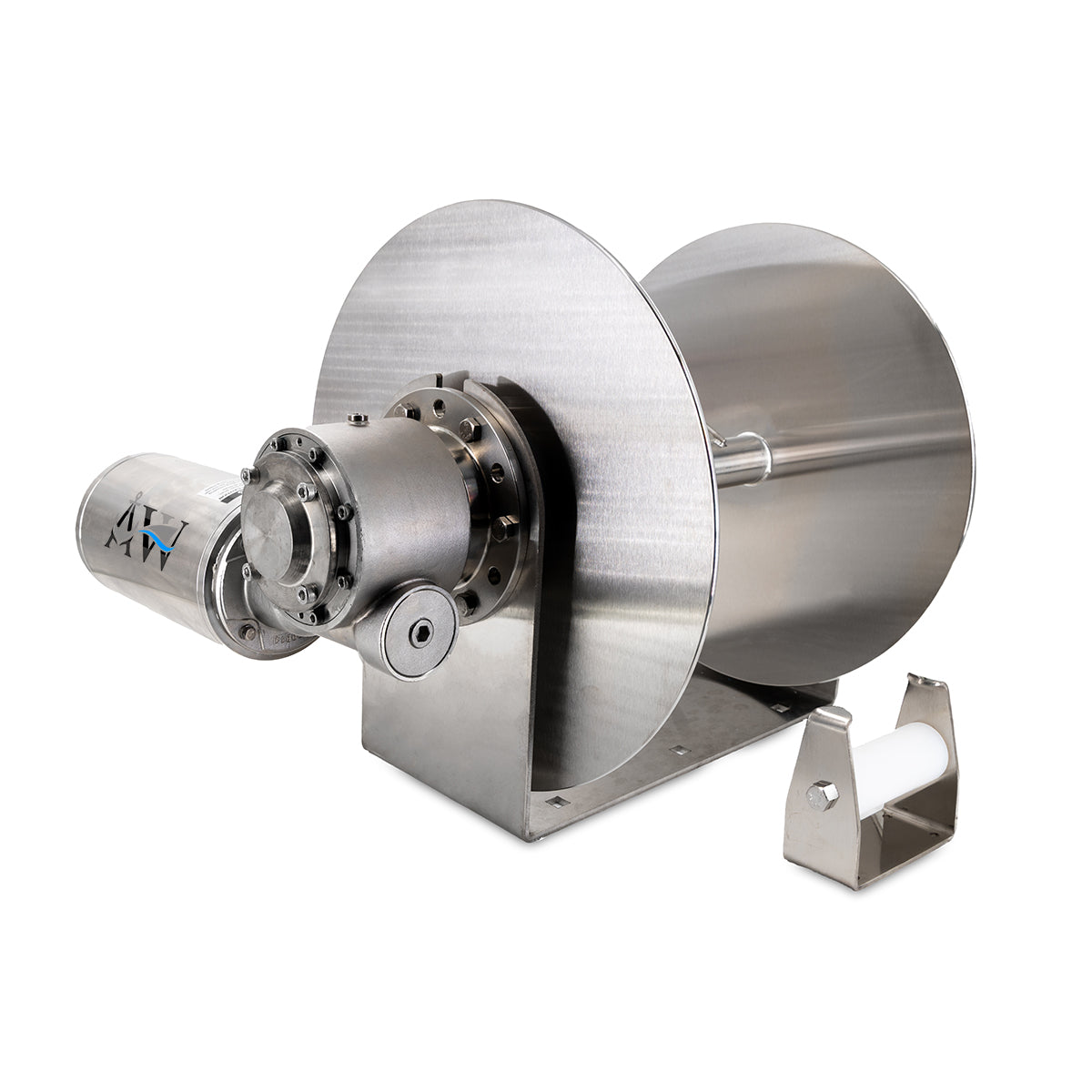 A stainless steel anchor winch with a motor and drum designed for use with small recreational boats or commercial vessels.