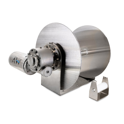A stainless steel anchor winch with a motor and drum designed for use with small recreational boats or commercial vessels.
