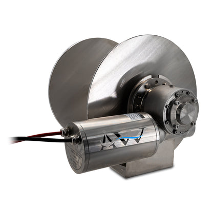 A stainless steel anchor winch with a motor and drum designed for use with small recreational boats or commercial vessels.