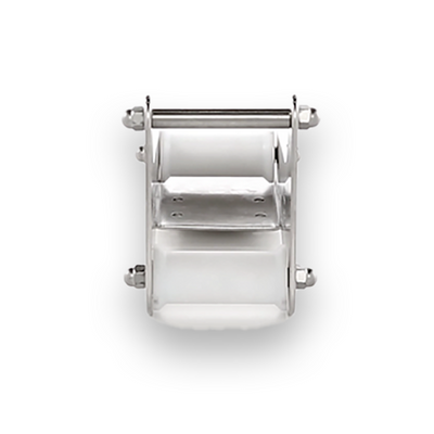 Stainless steel small straight bowsprit with mounting holes and angled rollers for anchor deployment.