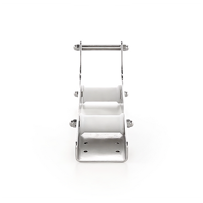 Stainless steel small straight bowsprit with mounting holes and angled rollers for anchor deployment.