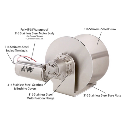 Stainless steel drum anchor winch with a 12v motor, designed for use with small to medium-sized boats.