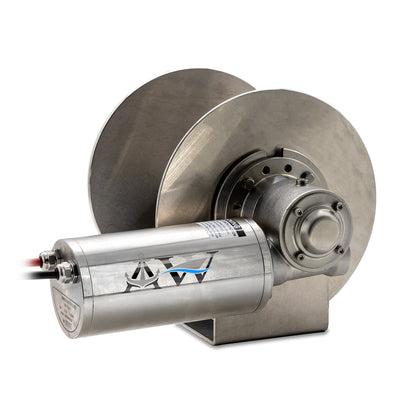 Stainless steel drum anchor winch with a 12v motor, designed for use with small to medium-sized boats.