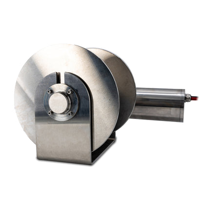 Stainless steel drum anchor winch with a 12v motor, designed for use with small to medium-sized boats.