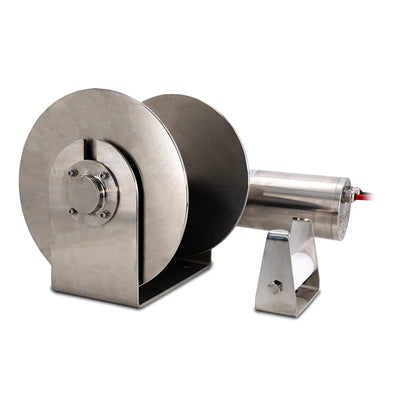 Stainless steel drum anchor winch with a 12v motor, designed for use with small to medium-sized boats.