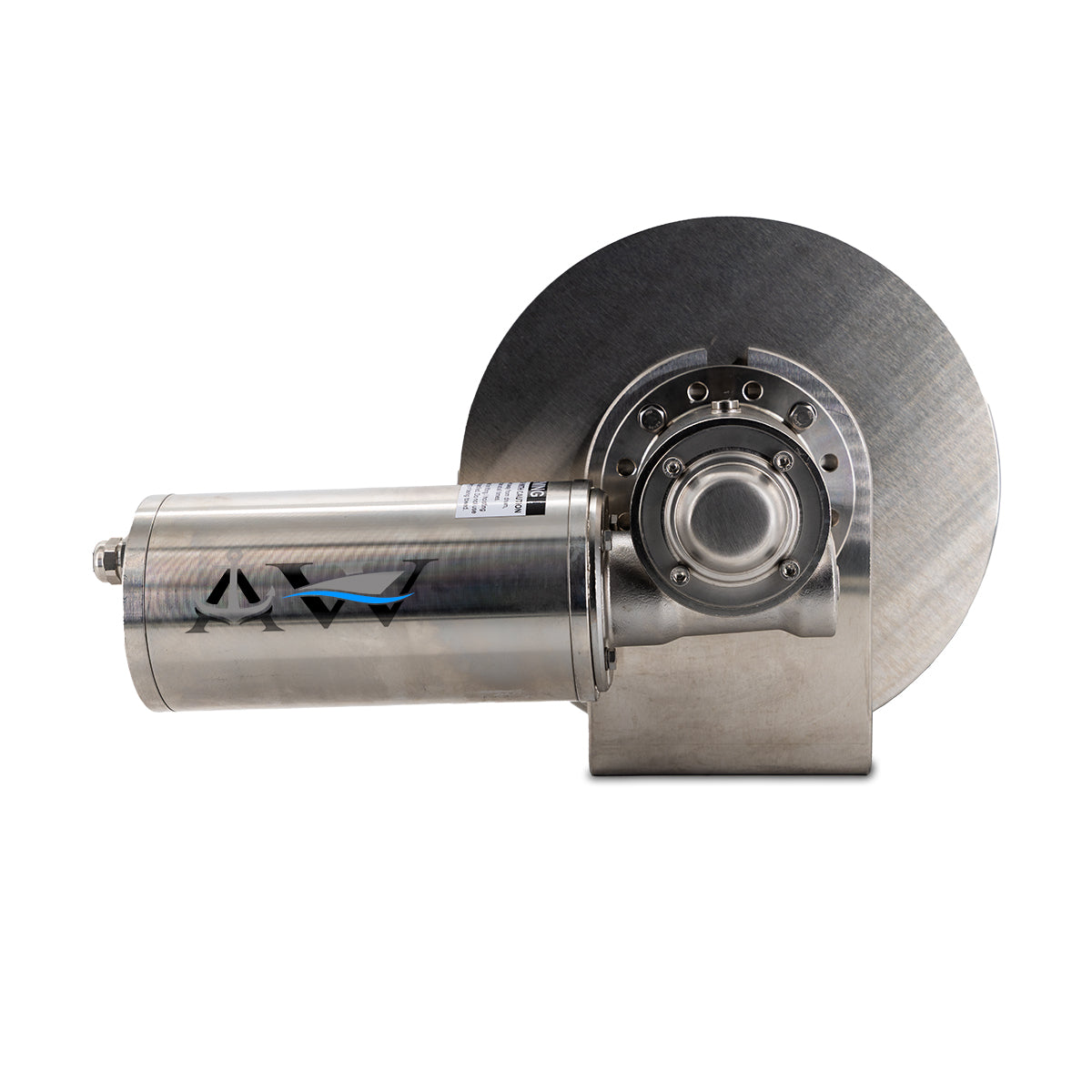 Stainless steel drum anchor winch with a 12v motor, designed for use with small to medium-sized boats.