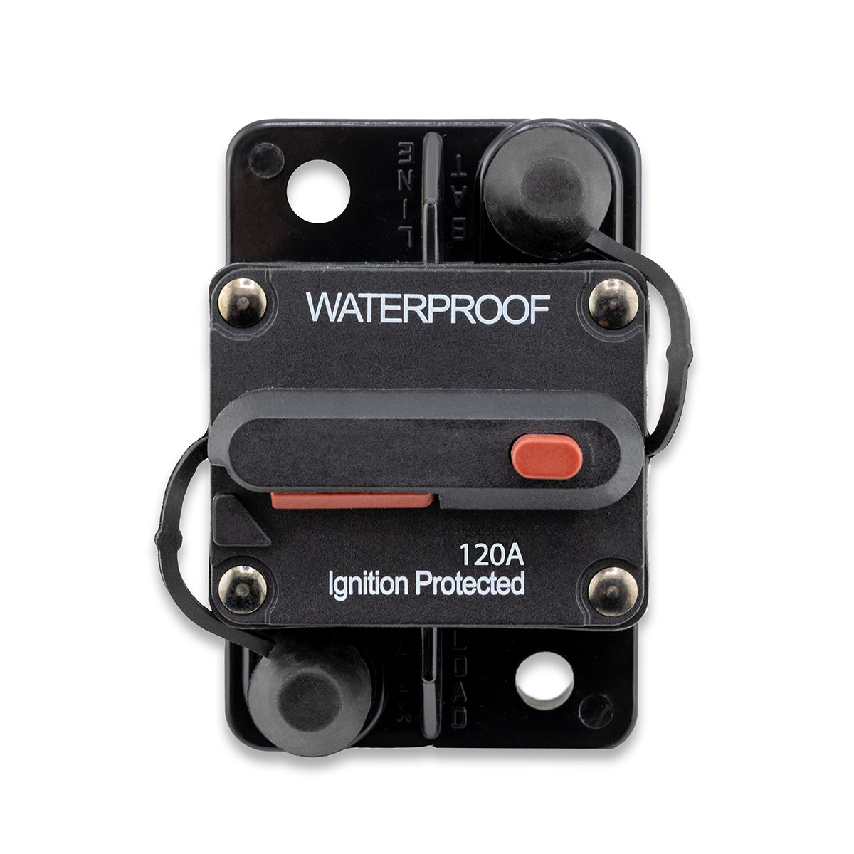 A black 120 Amp waterproof circuit breaker with a red switch, labeled 'Ignition Protected'.