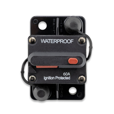 A black 60 Amp waterproof circuit breaker with a red switch, labeled 'Ignition Protected'.
