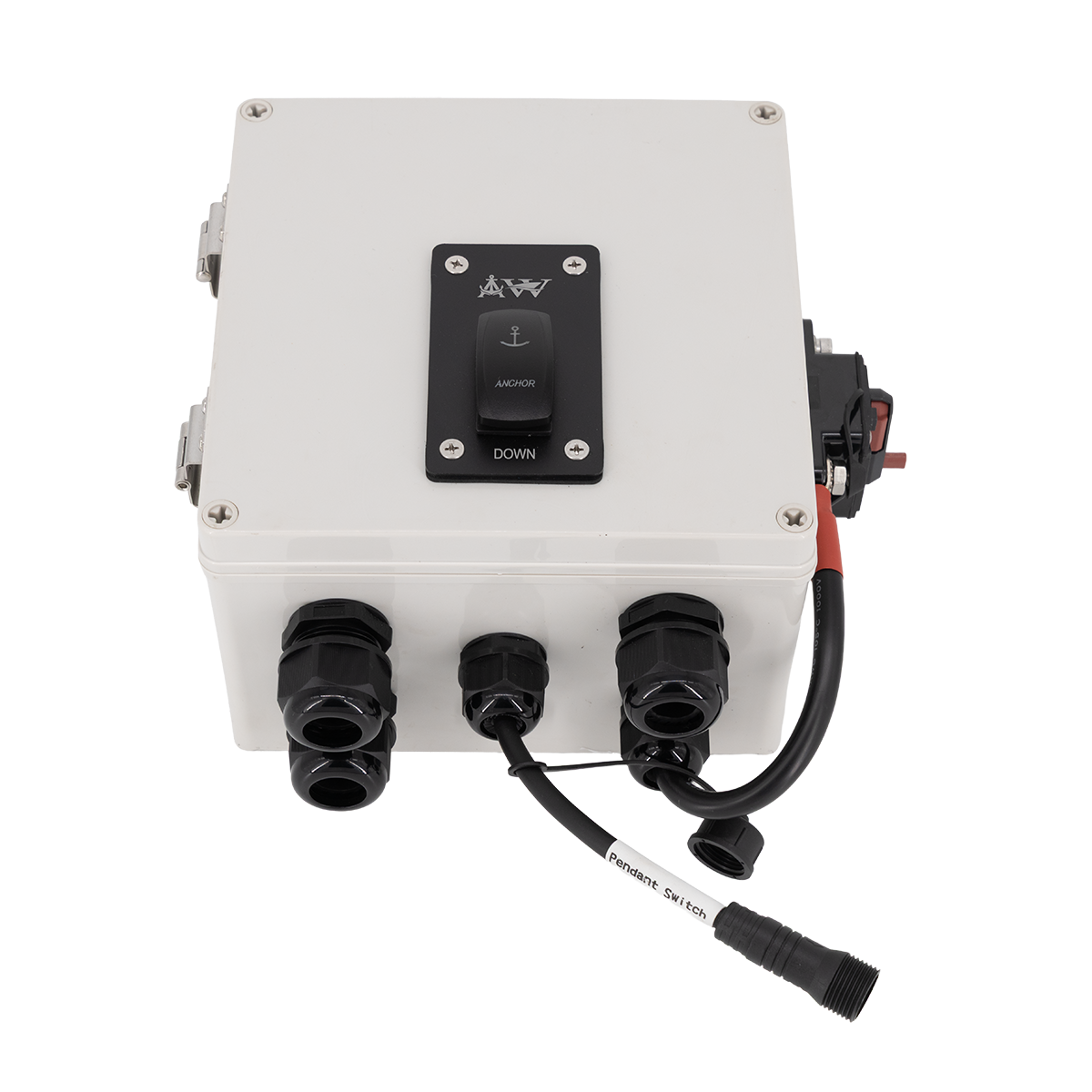 Control panel with switch and cables on a white background