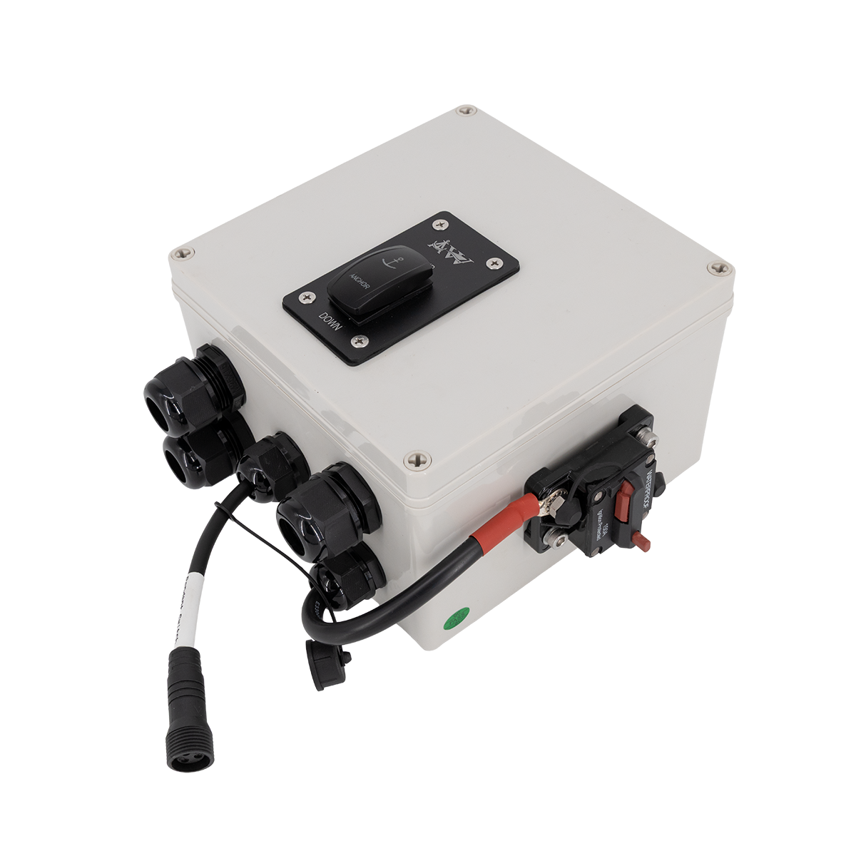 White electrical control panel with switches and connectors on a white background