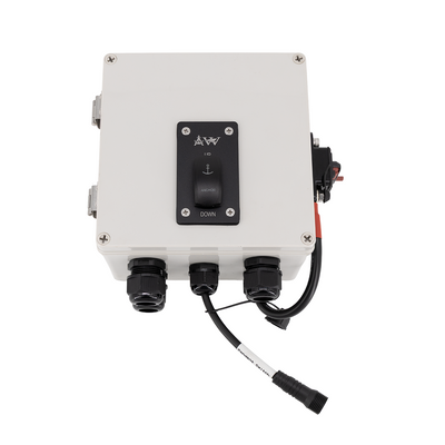 White control box with black switch and wiring on a white background