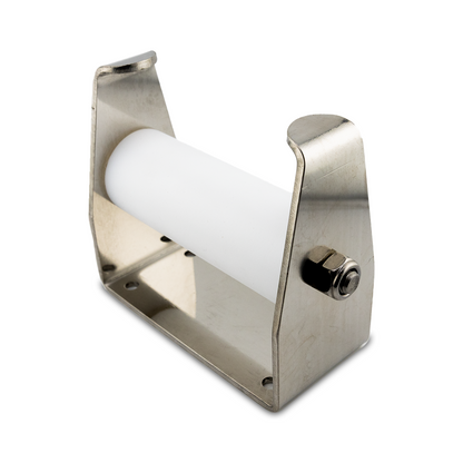 A stainless steel 5-inch wide flat roller, with a white cylindrical part and a metallic frame.