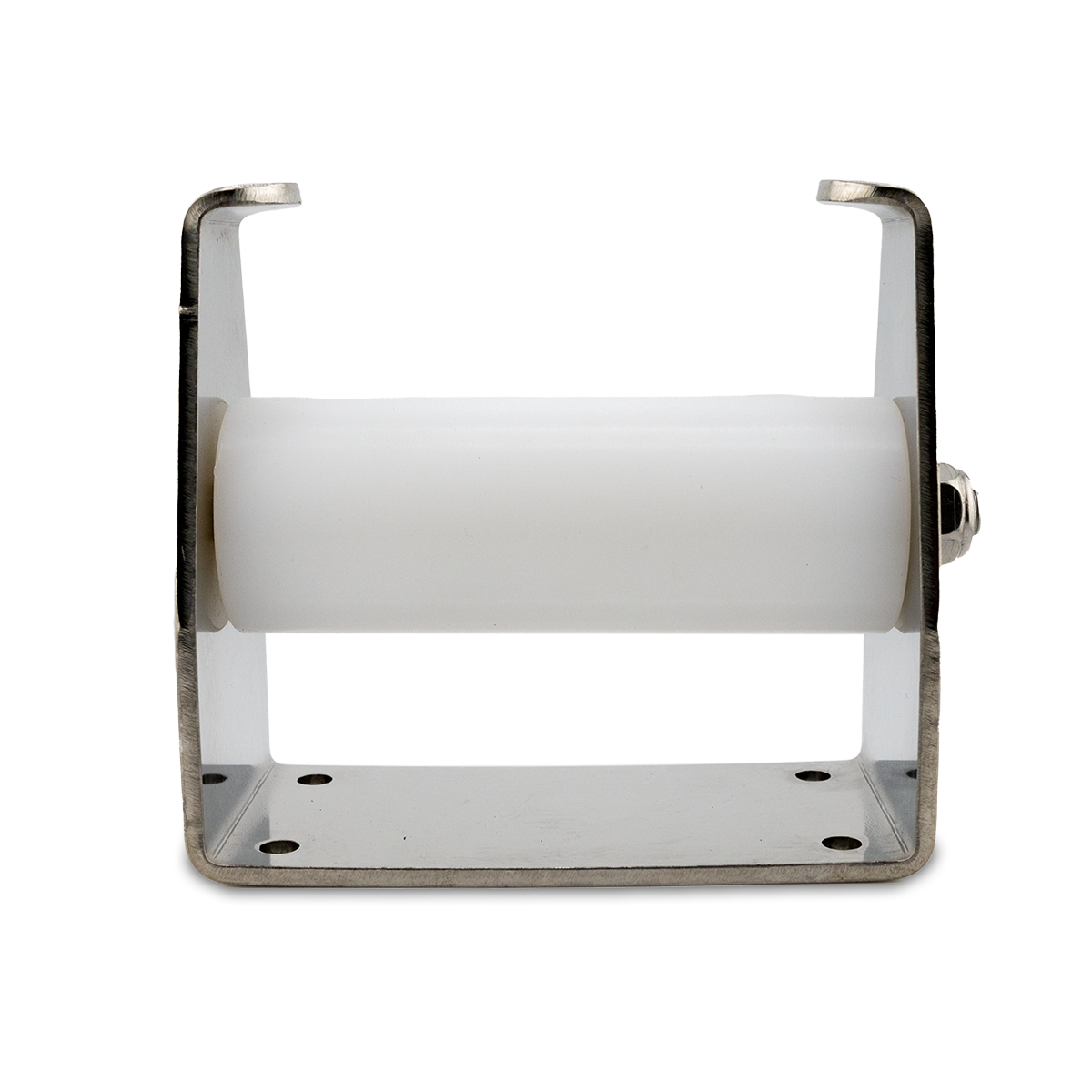 A stainless steel 5-inch wide flat roller, with a white cylindrical part and a metallic frame.