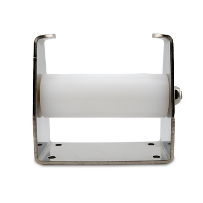 A stainless steel 5-inch wide flat roller, with a white cylindrical part and a metallic frame.