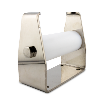 A stainless steel 5-inch wide flat roller, with a white cylindrical part and a metallic frame.