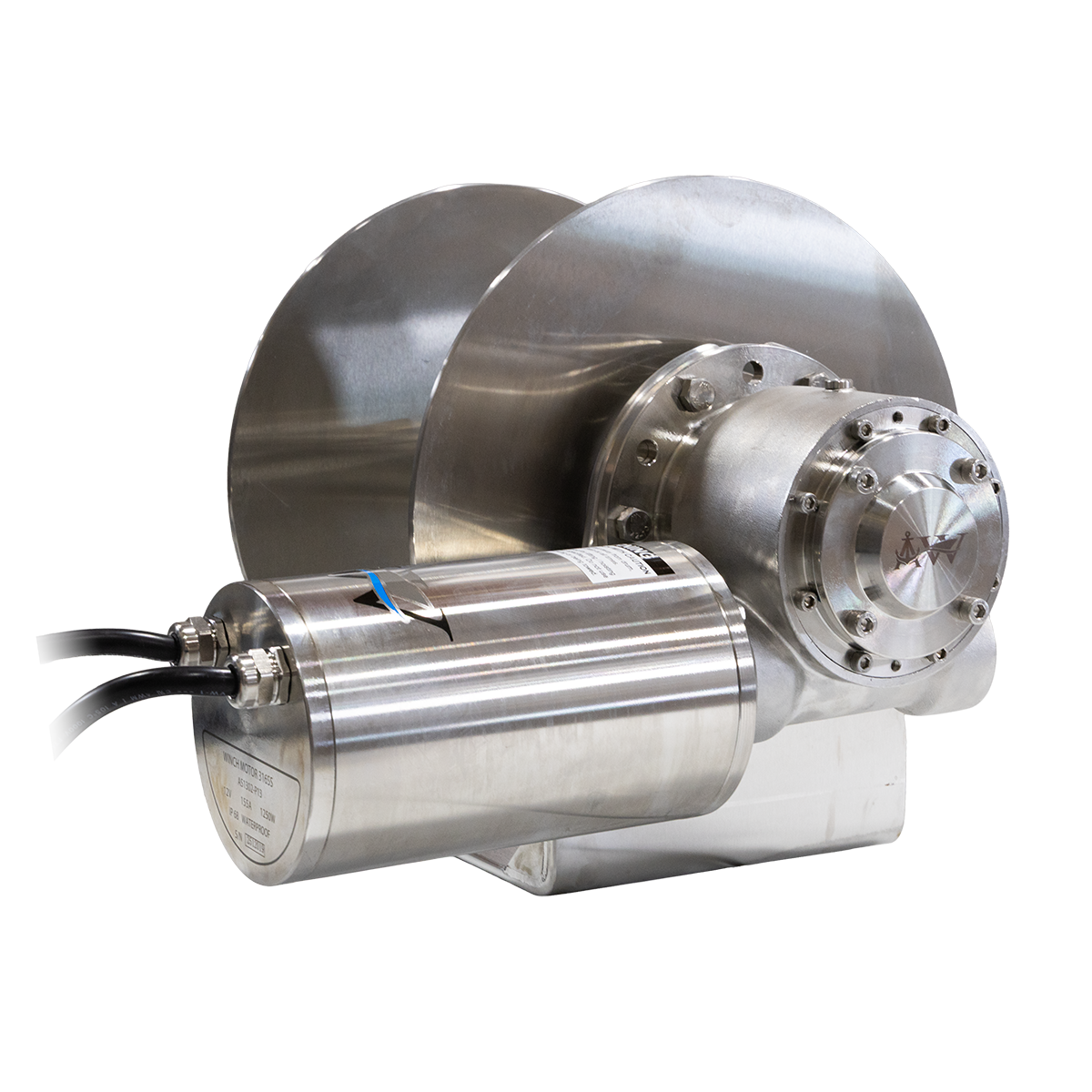 Stainless steel motor with a large wheel on a white background